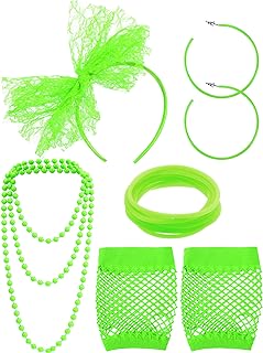 80s Fancy Dress Costume Accessories Lace Headband Earrings Fishnet Gloves Necklace Bracelet for 80s Retro Party