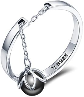 Dangling Black Freshwater Cultured Pearl Sterling Silver 925 Statement Open Rings for Women Girls Adjustable Dainty Dangle Charm Tassel Chain Stacking Finger Band Promise Engagement Wedding Ring