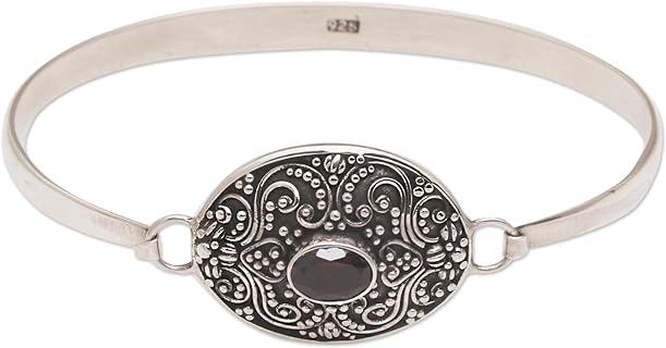 NOVICA Handmade Garnet Pendant Bangle Bracelet One Carat Oval Silver Sterling Red Indonesia Romantic Birthstone 'Tender Love'