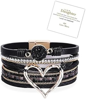 To My Daughter Bracelet Leather Cuff Bracelet for Women Black Leather Wrap Bracelet Leather Cuff Bracelet Leather Wristband Bangle Strand Bracelet for Daughter Gift from Dad With Message Card