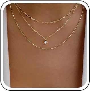 Boho Layered Crystal Choker Necklace Gold Rhinestone Square Necklace Choker Sparkly Cz Crystal Pendant Necklace Vintage Ball Chain Necklace for Women and Girls