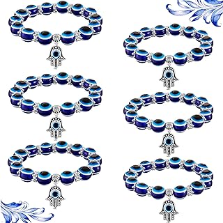 Yaomiao 6 Pieces Evil Eye Bracelet Hamsa Blue Beaded Charm Stretch Bracelet Hand of Fatima Turkish Lucky Evil Eye Bracelet for Protection and Blessing