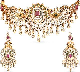 Fishhook Clasp Antique Gold Plated Choker Necklace with Cubic Zirconia for Women in Peacock Design by Tarinika