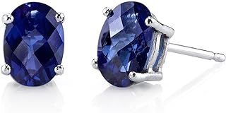 Peora 14K White Gold Created Blue Sapphire Earrings for Women, Hypoallergenic Solitaire Studs, 7x5mm Oval Shape, 2 Carats total, Friction Back