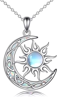Sun and Moon Necklace for Women 925 Sterling Silver Celtic Crescent Moon Pendant Blue Opal/White Opal/Abelone Shell/Labradorite/Moonstone Jewelry Gift for Teen Girls