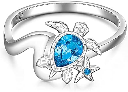 Sterling Silver Sapphire Wave Sea Turtle Engagement Ring with Cubic Zirconia for Women, Inspiring Ocean-Themed Design, Perfect Gift for Sisters, Friends, or Moms, Available in Sizes 6-10