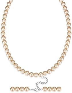 Pearl Strand Necklace with 925 Sterling Silver, 10mm, 8mm, 6mm Simulated Crystal Pearl, Choker, 16+2 inch, Wedding Bridesmaid Jewelry Gifts for Women