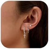 3 Pairs Hoop Stud Earrings Set Sterling Silver Small Hoop Earrings CZ Stud Earrings Sets for Multiple Piercing Cartilage Earrings Stud Hoop Earrings for Women