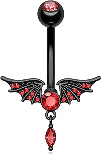 Melighting Black Belly Button Ring 14G Wings Belly Ring Stainless Steel 316L Halloween Belly Piercing Jewelry for Women Red Navel Barbell Body Piercing Jewelry