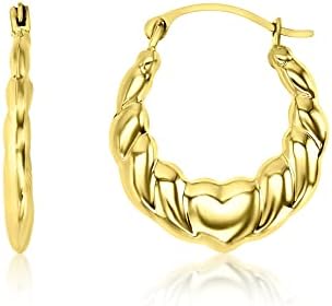 14K Yellow Gold 2x20mm Small Diamond Cut or Swirl Heart Lightweight Hoop Earrings
