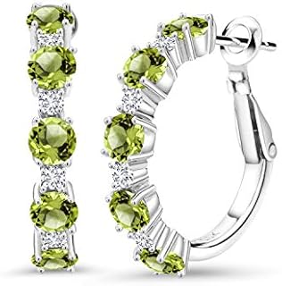 Gem Stone King 925 Sterling Silver Green Peridot and White Lab Grown Diamond Hoop Earrings For Women (3.30 Cttw, Round 4MM and 1.9MM, Gemstone Birthstone 1 Inch Diameter)