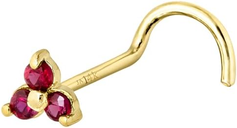 Jewelry Avalanche 22G Solid 14K Gold 3-Stone 0.030ctw Ruby Nose Stud - Nose Bone/L-Shape/Nose Screw Stud Nose Ring - July Birthstone Nose Stud