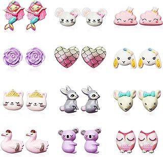 Spiritlele 12 Pairs Cute Magnetic Earrings Set Resin Clip on Non Piercing Fake Stud Earrings for Girls Women