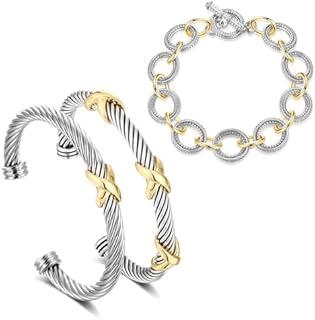 3PCS Twisted Cable Bracelet and Chain Trendy Cuff Bracelet Link Designer Dupes Adjustable Bangle Set Jewelry for Women Gifts for Her