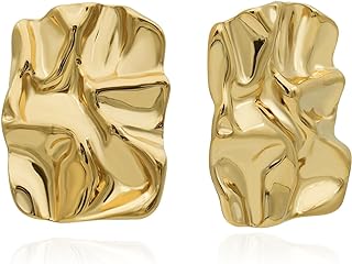 CETVLY Hammered Gold Plated Stainless Steel Rectangle Ear Stud Earrings for Women Girls,Chunky Geometric Square Large Earrings,Statement Texture Earrings Tarnish Free Trendy Minimalist Jewelry