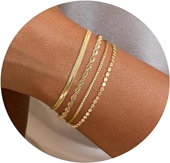 14K Gold-Plated Non-Tarnish Women's Bracelet Stack with Bead, Link, Box, Herringbone, and Rope Chains, Lobster Claw Clasp, Elegant Shape and Design