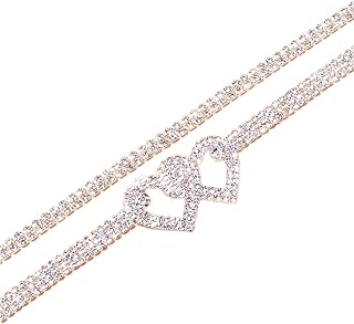Pingyongchang Heart Rhinestone Ankle Bracelets for Women Shiny Heart Handmade Adjustable Beaded Crystal Tennis Link Chain Bracelets Anklets for Girls Teen Jewelry