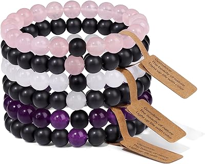 6PCS Healing Crystal Stone Bracelets for Women Men Natural Amethyst Rose quartz White jade Gemstone Beaded Stretch Bracelet Friendship Couples Jewelry Gifts