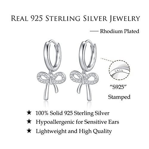 Reffeer Solid 925 Sterling Silver Bow Drop Hoop Earrings for Women Girls Bowknot Hoop Earrings Huggies