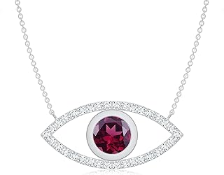 Natural Rhodolite Garnet Evil Eye Pendant Necklace with Diamond for Women in Sterling Silver / 14K Solid Gold