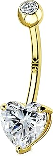 OUFER 14G Belly Rings, 9K Solid Gold Belly Button Rings, Heart Navel Rings, Internally Threaded Long Belly Piercing Jewelry for Women and Men