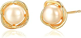 BRAYEG Gold Pearl Stud Earrings for Women, 8mm AAA+ Small Pearl Earrings Dainty Gold Pearl Earrings White Pearl Wedding Earring Valentine's Day Gift