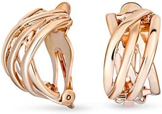 Classic Crystal Open Criss Cross Twist Wire Two Tone Celtic Knot Weave Wide Shrimp Half Hoop Clip On Earrings for Women Non Pierced Ears 14K Gold Yellow Rose Silver Plated