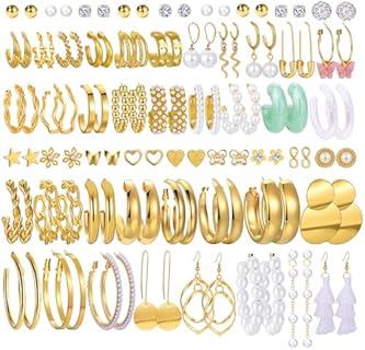 42 Pairs Gold Hoop Earrings Set for Women, Fashion Chunky Pearl Earrings Multipack Twisted Statement Earring Pack, Hypoallergenic Small Big Hoops Earrings for Birthday Party