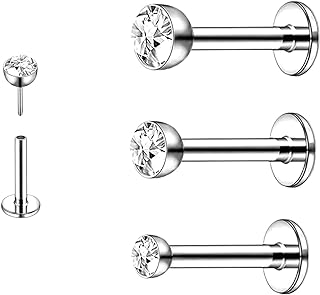 FLOGWE Implant Grade Titanium Lip Stud Rings 20G 18G 16G Threadless Push-in Flat Back Nose Stud Ring Earring Stud CZ 2mm 2.5mm 3mm Piercing Jewelry……