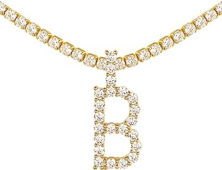 Tennis Chain Cubic Zirconia Initial Necklace for Women and Girls, Simulated Diamond Charm, Copper 18K Gold Plated Hip Hop Jewelry with Alphabet Pendant