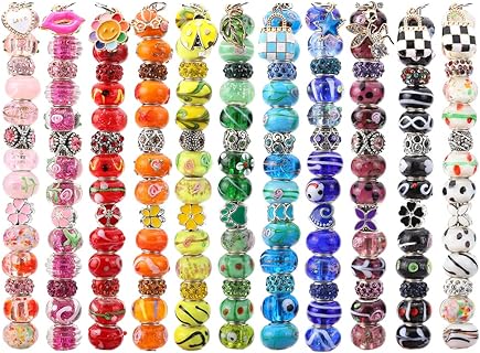 Plated Silver Cores European Lampwork Spacer Beads Murano Glass Rhinestone Craft Beads Metal Pendant Bracelet Charms for Jewelry Making (11 Color, Mixed)