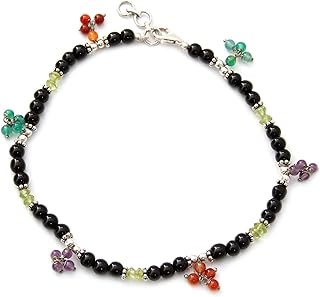 NOVICA Handmade Onyx Carnelian Anklet .925 Sterling Silver Amber Multigem Amethyst Multicolor Beaded India Birthstone 'Sweet Berries'