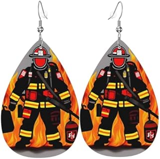 Firefighter Fireman Print Leather Earring Leather Earrings Teardrop Dangle Earrings Lightweight Hook Earrings For Women Teen Girls Gift