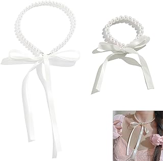 Elegant Pearl and Cloth Bow Choker Necklace & Bracelet Set for Women and Girls - Chic with Vintage Appeal - Adjustable Length - Ideal Birthday Gift