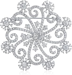 High Quality Rhodium-Plated-Brass Snowflake Brooch Adorned with Sparkling Cubic Zirconia for Women, Dazzling Winter-Themed Design with Pin-Stem-With-Safety Clasp