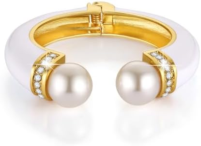 Box Chain Brass Pearl Cuff Bracelet for Women | Chunky Wide Bangle with Open Hinge Design by HZMAN Jewelry