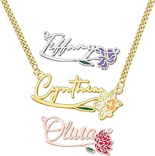 Customized Birth Flower Name Necklace 18K Gold Plated Floral Name Necklace Personalized Bridesmaid Proposal Gifts for Women Personalized Gift for Her Mother's Day Gift