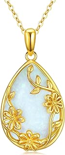 14K Yellow Gold Box Clasp Opal Pendant Necklace on Cable Chain, Teardrop Flower Design for Women, Perfect Gift for Birthdays, Holidays and Special Occasions