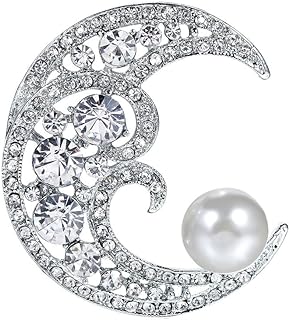 Sparkling Cresent Moon with Star Brooch Pin White Pearl with Half Moon Lapel Pin Shining Rhinestone Crystal Moon Safty Pin for Party Wedding Ceremony Christmas Valentine's Day Gift