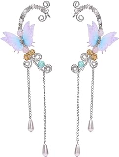 Clip-on Crystal Butterfly Flower Tassel Elven Ear Cuff Earrings for Women - Delicate Cuff Design for Cosplay and Special Events