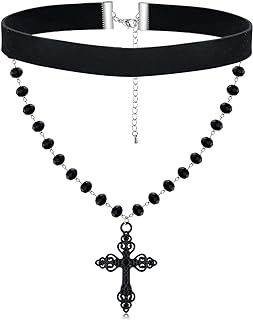 huiphong Cross Grunge Necklace Gothic Black Bead Goth 15mm Velvet Choker Layered Halloween Cosplay Necklace for Women Girls