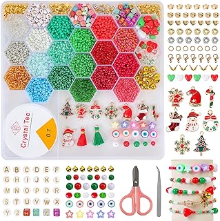 QUEFE Multicolor Glass Bead Christmas Craft Kit in Acrylic & Glass with Alphabet Charms for Kids - Reindeer/Snowman Design