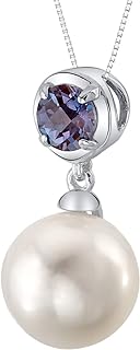 PEORA 10mm Freshwater Cultured Pearl and Created Alexandrite Pendant Necklace for Women 925 Sterling Silver, with 18 inch Chain