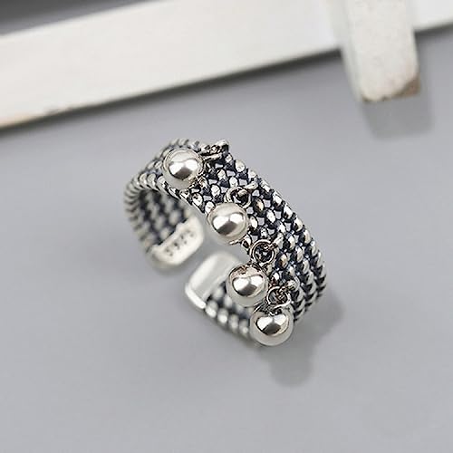 Vintage 925 Sterling Silver Open Ring Beads Tassel Multi-Layer Woven Ring Handmade Polishing Dainty Ring Jewelry Comfort Fit Cute Charms Dangle Jewelry Christmas BFF Gift