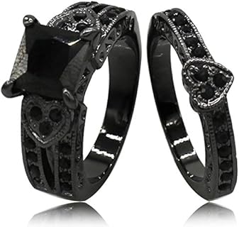 Black Rhodium Plated Princess Cut Heart Shape Wedding Engagement Bridal Ring Set
