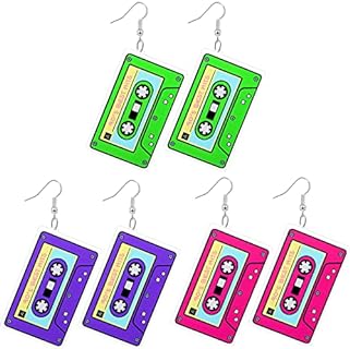 Hicarer Men's 80s Retro Neon Drop Dangle Earrings - Acrylic Material with French Wire Back Finding in Vibrant Pink, Green, Purple Shades