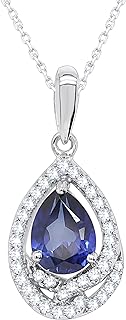Blue Sapphire Teardrop Diamond Pendant Necklace with Cable Chain for Women and Girls, White-Gold Plated Sterling Silver, Spring Ring Clasp - India Origin