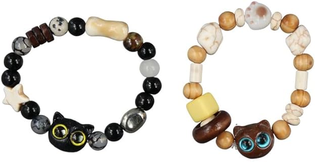 2pcs Natural Stone Cat Bead Bracelet,Cute Ceramic Couple Handmade Bracelet,Cartoon Glass Bead Hand Ring for Women,Crystal Bracelet for Good Luck