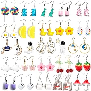 24 Pairs Weird Cute Earrings Drop Dangle Earrings for Women Girls Planet Astronaut Moon and Stars Face Dinosaur Bear Lollipop Fish Strawberry Mushroom Flowers Egg and Many More