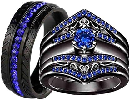 ringheart Couple Rings Black Gold Filled Round cut Blue Cz Womens Wedding Ring Sets Tire design Titanium Man Wedding Band（please buy two rings for one pair）